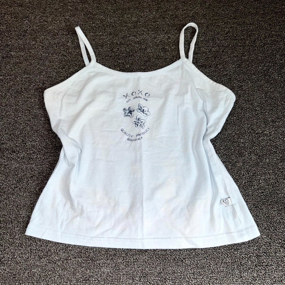 VTG Y2K XOXO Essentials Camisole Tank Top Size Large Light Blue Floral Graphic